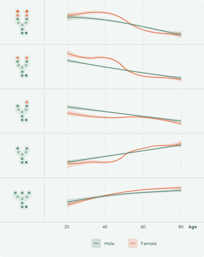 Infographic showing five line charts comparing glycan patterns by age and sex. Each chart has two linesâgreen for males and red for femalesâdisplaying changes in glycosylation patterns from age 20 to 80. The charts illustrate predictable shifts with age as described in the text explaining the Glycan Clock of Aging.