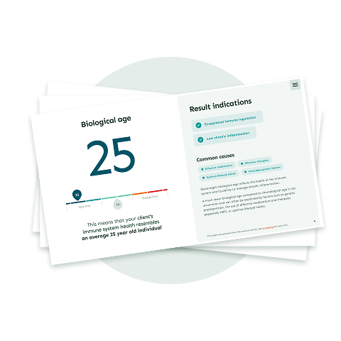 Opened GlycanAge results report showing a biological age of 25 and result interpretation